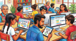 Estudiantes mexicanos realizando exámenes simulacro ECOEMS de 128 preguntas y materias específicas en diferentes dispositivos.